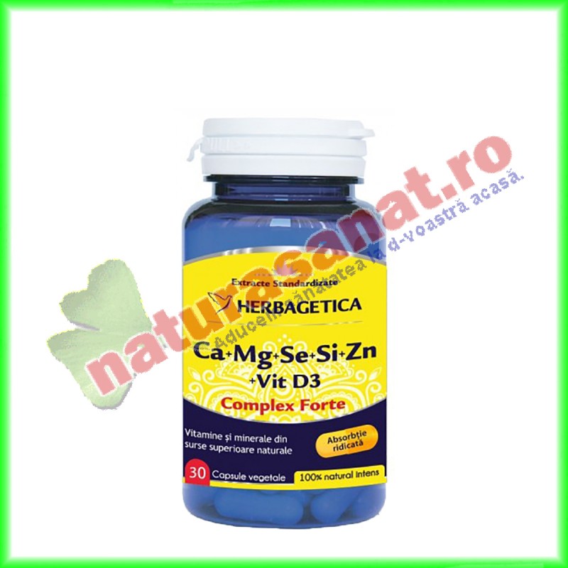Ca+Mg+Se+Si+Zn (Calciu+Magneziu+Seleniu+Siliciu+Zinc) cu Vit D3 Complex Forte 30 capsule - Herbagetica - www.naturasanat.ro