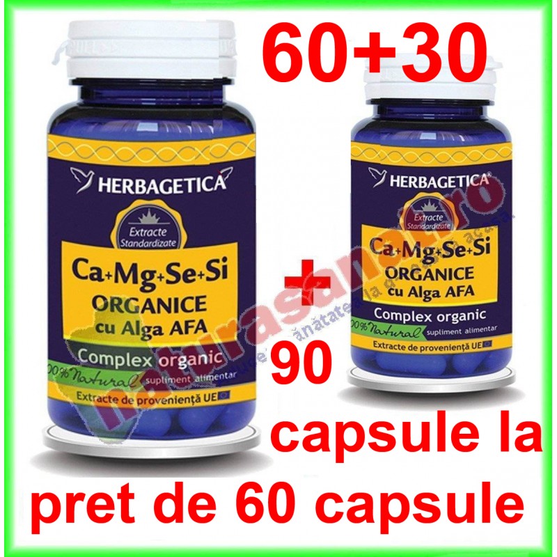 Ca Mg Se Si (Calciu Magneziu Seleniu Siliciu) Organice cu Alga AFA PROMOTIE 90 capsule la pret de 60 capsule - Herbagetica - www