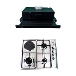Pachet plita incorporabila inox (1918), 60x50x6 cm, gaz butelie sau gaz natural (duze de schimb incluse), hota 1 motor, putere 1