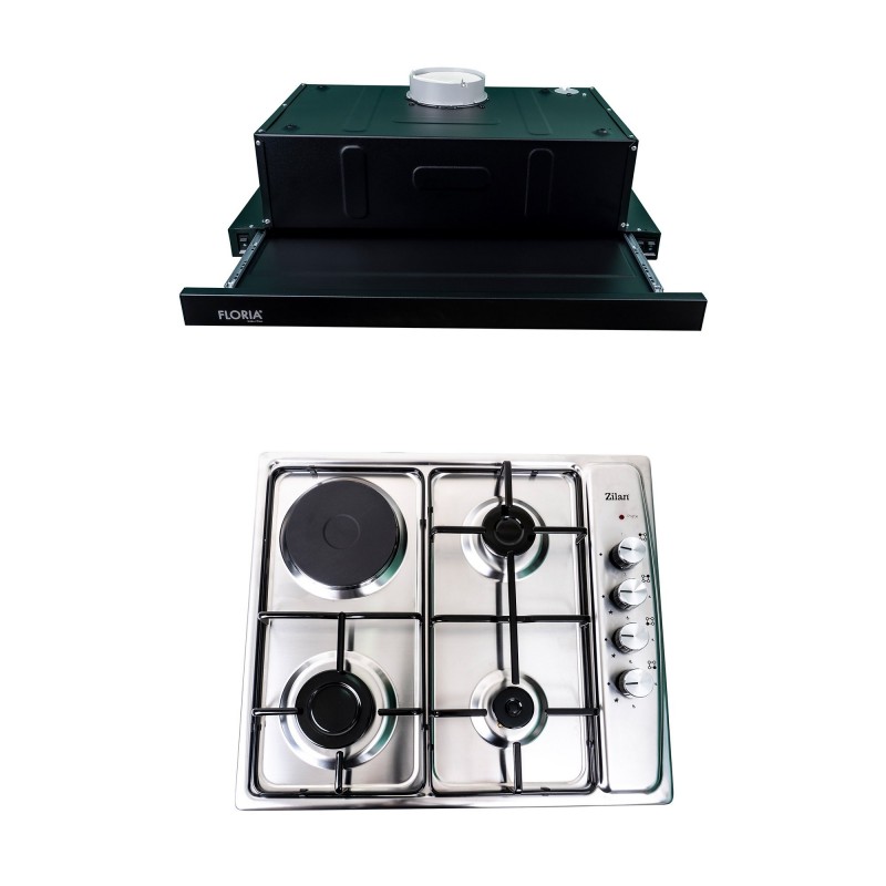 Pachet plita incorporabila inox (1918), 60x50x6 cm, gaz butelie sau gaz natural (duze de schimb incluse), hota 1 motor, putere 1