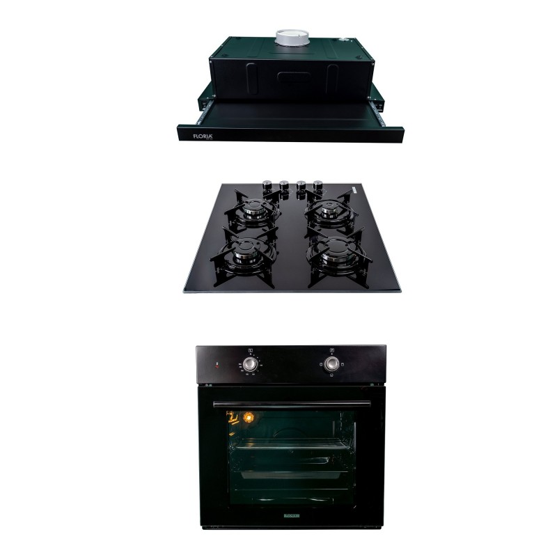 Pachet cuptor incorporabil (1857), capacitate 51l, electric, negru, plita incorporabila, sticla (1871), 52x60x15 cm, gaz butelie