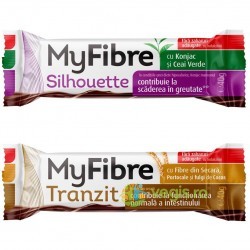 Pachet Baton Silhouette cu Konjac si Ceai Verde MyFibre 40g + Baton Tranzit cu Fibre din Secara, Portocale si Fulgi de Cocos MyF