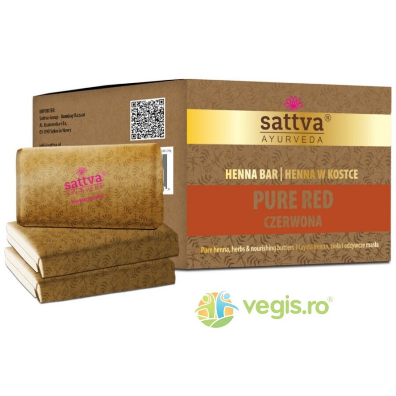 Vopsea de Par Henna Rosu Pur cu Unt de Shea si Uleiuri Esentiale 3 x 80g - Sattva Ayurveda - www.naturasanat.ro