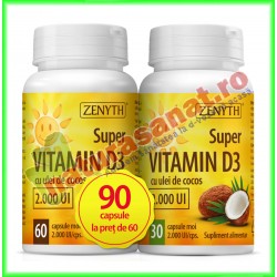 Super Vitamin D3, 2000 UI PROMOTIE 90 capsule la pret de 60 capsule - Zenyth - www.naturasanat.ro